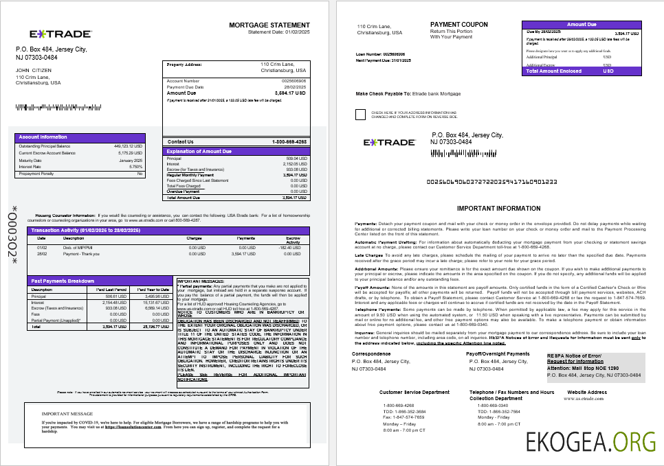 Relevé hypothécaire de la banque USA Etrade aux formats Word et PDF 1 , 2